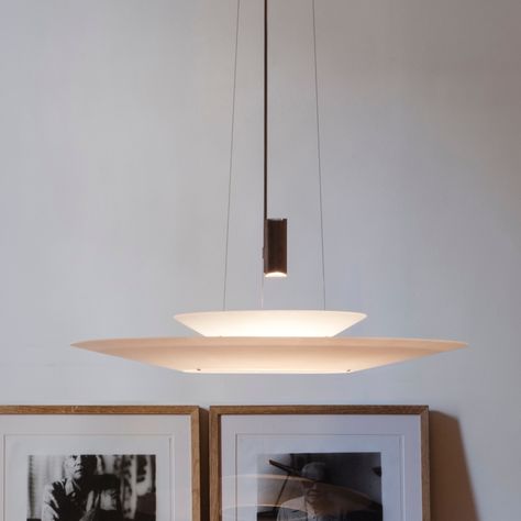 The Vibia Flamingo Double Downlit pendant (1540) is designed by Antoni Arola for Vibia . Flamingo pendant lamp has a translucent thermoplastic diffuser to provide overall ambient light and LED terminal for a spotlight. The light is finished in matt g… Vibia Lighting, Current Design Trends, Black Lampshade, Suspension Design, Suspension Light, Gold Chandelier, Black Chandelier, Lighting Collections, Hanging Lamp