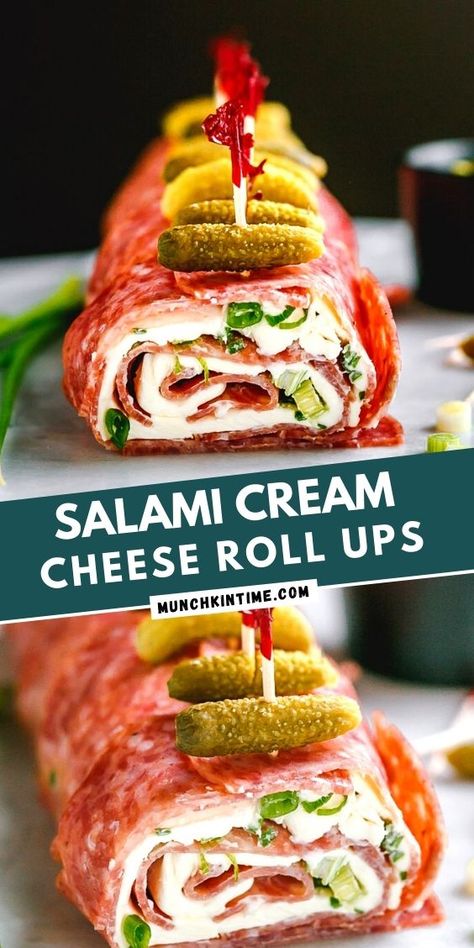 Hard Salami Appetizers, Salami Cream Cheese Roll Ups, Salami Roll Ups, Salami Cream Cheese, Cream Cheese Roll Ups, Cheese Roll Ups, Munchkin Time, Salad Jars, Cream Cheese Roll Up