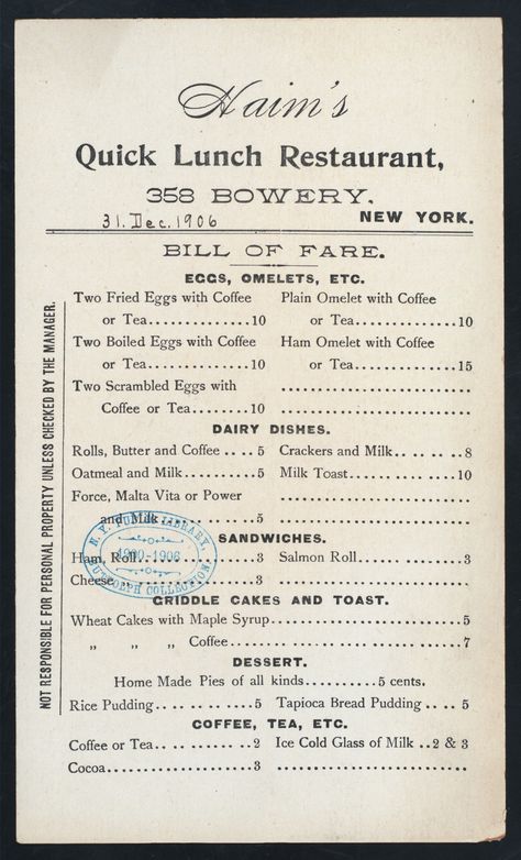 Haim's Quick Lunch Restaurant, 358 Bowery. 1906 menu. NYPL collection Cute Menu Ideas, Restaurant Receipt, Menu Of The Day, Diner Menu, Menu Layout, Menu Inspiration, Vintage Menu, Restaurant Menu Design, Restaurant Branding