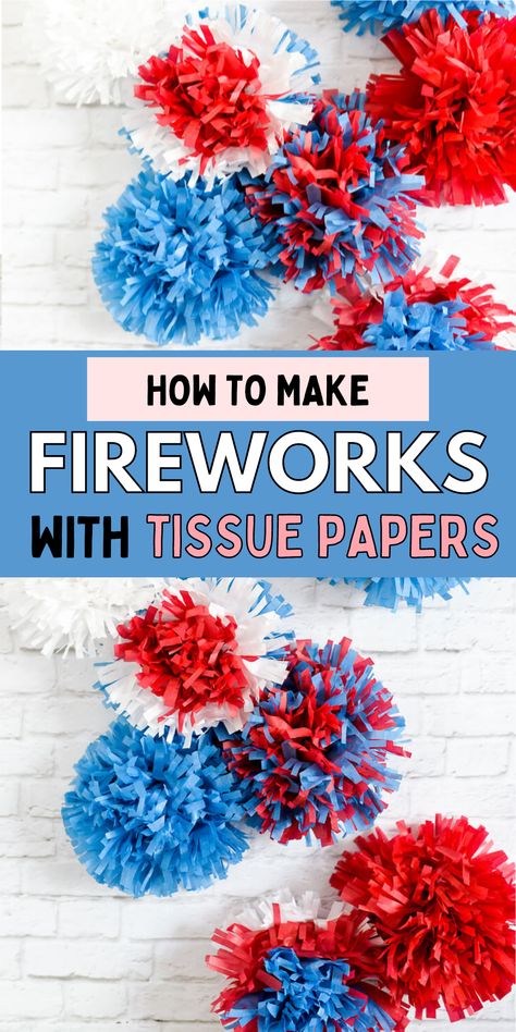 Fun paper craft for the 4th of July. How to make fireworks using tissue paper. How to create DIY fireworks. How To Make Fireworks Out Of Paper, Firework Paper Craft, How To Make Paper Pinwheels, 4 Of July Decorations Diy, Fourth Of July Diy Decorations, Fourth Of July Classroom Decorations, Firework Decorations Diy, Paper Fireworks Craft, Firework Party Ideas