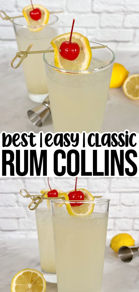 rum collins cocktail in highball glass garnished with a lemon slice and maraschino cherry. White Rum Cocktails Easy, Drinks With White Rum, Beach Beverages, White Rum Drinks, White Rum Cocktails, Tom Collins Drink Recipes, Tom Collins Recipe, Rum Drinks Easy, Dinner Party Drinks