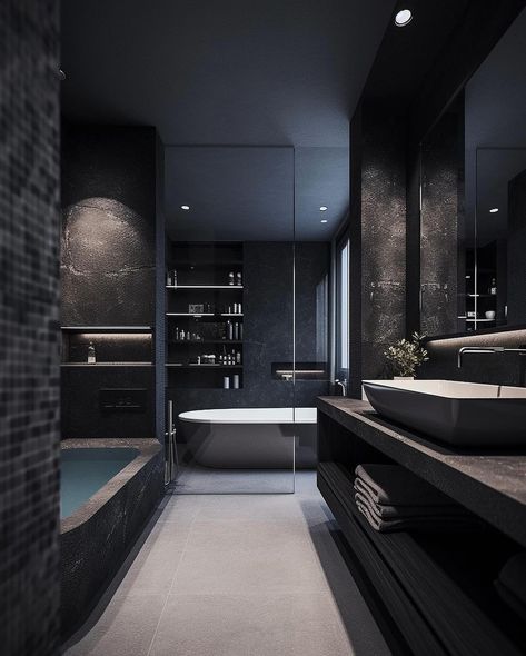 Black Stone Modern Bathroom White Tub Contrast Modern Black Bathroom, Bathroom Design Black, Dark Bathrooms, Home Office Inspiration, Contemporary Bathroom Designs, Modern Kitchen Design Luxury 2020, Kitchen Ideas Modern Luxury, Modern Bathrooms, Kitchen Design Modern White