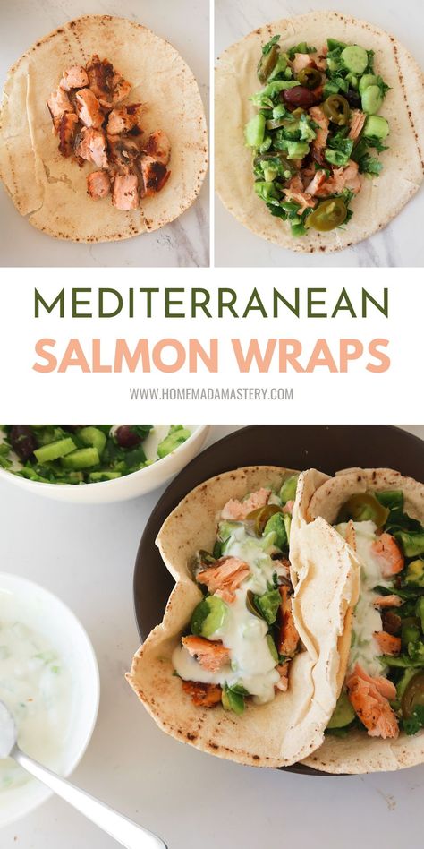 Salmon Wraps, Salmon Wrap, Mediterranean Salmon, Lunch Wraps, Healthy Wraps, Healthy Salmon, Mediterranean Food, Healthy Fish, Cooking Salmon