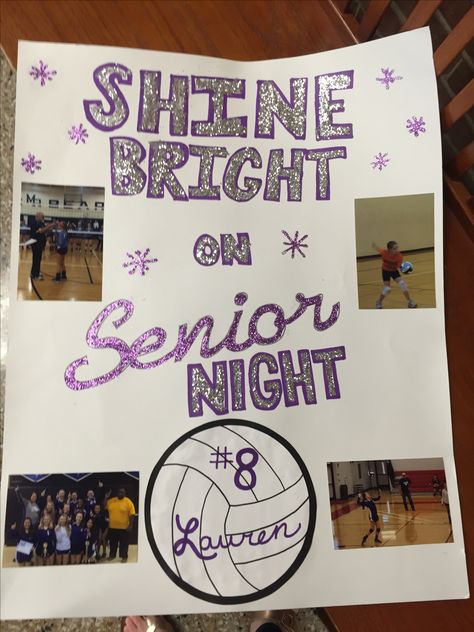 Senior night Volleyball Eighth Grade Night Volleyball Posters, Soccer Poster For Senior Night, Senior Posters Softball, Volley Ball Senior Night Posters, Senior Signing Out Poster, Shine Bright On Senior Night, Volleyball Senior Night Ideas Posters, Senior Night Vball Posters, Senior Nights Poster