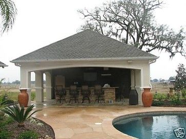 Patio Cabana Bar Design, Pictures, Remodel, Decor and Ideas.............imagine this on a rustic scale, tin roof, barn wood Pavilion With Storage, Open Pool House, Small Pool House Plans, Small Pool House Ideas, Pool Cabana Plans, Pool House With Bathroom, Small Pool House, Pool House Ideas, Pool House Cabana