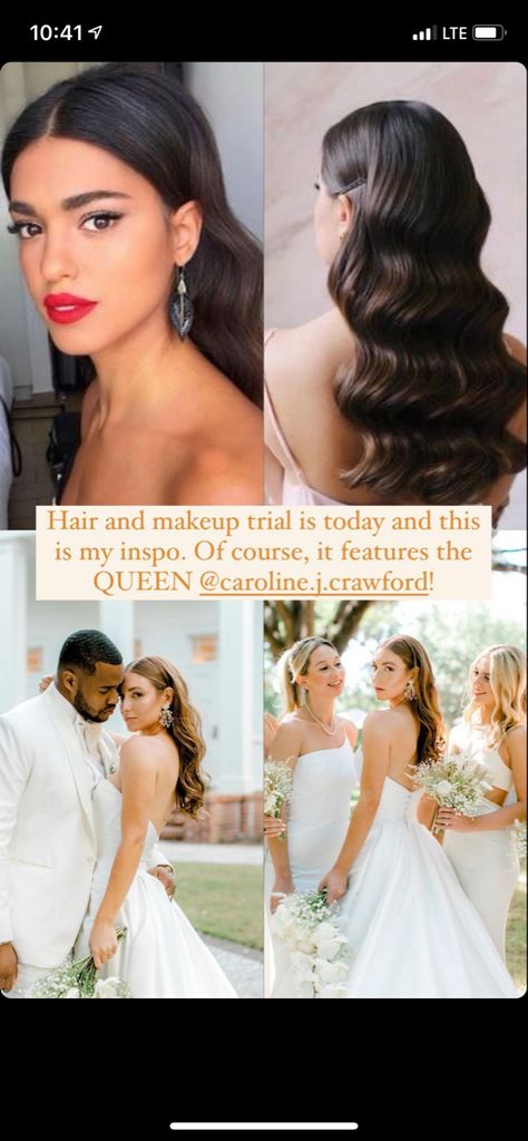 Wedding Hair Pinned Back Both Sides, Hair Up And Down Wedding, Middle Part Elegant Hairstyles, Half Up Half Down Hair Black Tie Event, Sleek Front With Soft Waves, Celeb Wedding Hair, Long Soft Curls Wedding, Vintage Curls Middle Part, Vintage Waves Wedding Hair Veil