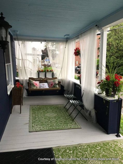 Siobhan's porch has sheer curtains Front Porch Curtains, Balcony Curtains, Outdoor Drapes, Outdoor Curtains For Patio, Courtyard Landscaping, Porch Curtains, Building A Porch, Small Terrace, Balkon Design