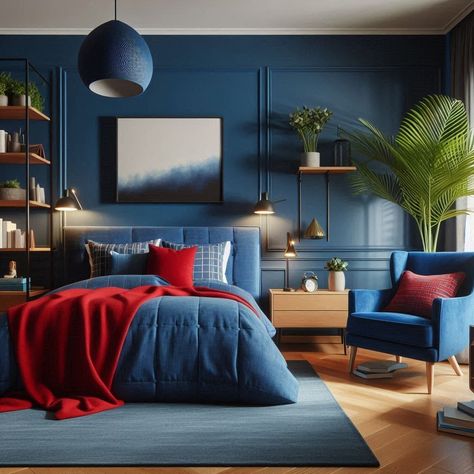 Bold and cozy: Red and blue bedroom vibes! 🛏️🔴🔵 #BoldColors #interior #interiordesign #interiordecor #interiorinspo #interiorinspiration #interiorideas #interiordesigner Cobalt Bedroom, Blue Christmas Bedroom, Blue And Red Bedroom, Red And Blue Bedroom, Red Boys Bedroom, Navy Blue Christmas, Red Bedroom Decor, Christmas Bedroom Decor, Bedroom Vibes