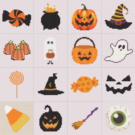 Coraline Cross Stitch, Mini Halloween Cross Stitch, Cross Stitch Mini Patterns, Mini Cross Stitch Patterns, Autumn Cross Stitch Patterns, Halloween Cross Stitch, Fall Cross Stitch, Stitch Halloween, Tiny Cross Stitch