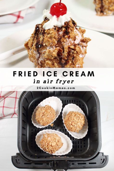 Who needs deep frying? ‍This Fried Ice Cream in the air fryer is quick, easy and super delicious!  Crunchy cereal crust, melty ice cream center, and all the toppings – prepped before hand then air fried in just 2 minutes! #airfryerfriedicecream Air Fried Ice Cream, Fried Ice Cream Dessert, Deep Fried Ice Cream, Fried Ice Cream Recipe, Dark Chocolate Ice Cream, Biscoff Cookie Butter, Frozen Dessert Recipe, Fried Ice Cream, Cinnamon Toast Crunch