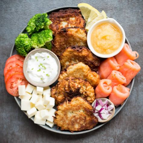 Latke Board, Cauliflower Latkes, Carrot Muffin, Board Recipes, Stuffed Baked Potatoes, Hanukkah Food, Potato Latkes, Matzo Meal, Pie Filling Recipes