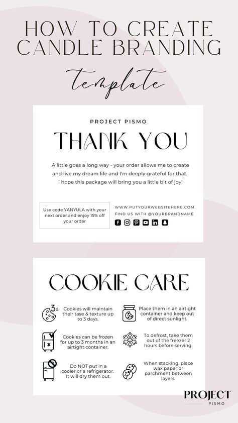 editable tempalte for cookie care card with instructions for customers how to store and enjoy your home baked sweets the best possible way to always have them delicious. additionally thank you card to leave you business details, coupon code and grow personal brand. template is to edit wtih canva and cards can be printed at home or in some local serive Store Cookies, Home Bakery Business, Small Doodle, Business Printables, Printable Downloads, Physical Planner, Cookie Business, Graphic Design Books, Business Content