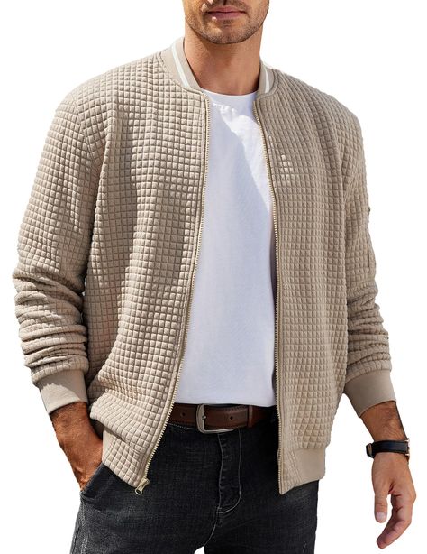 PRICES MAY VARY. Waffle fabric- Men's lightweight bomber jacket is made of 3D waffle fabric, soft, durable and high-quality fabric, brings you a comfortable feeling. Soft Lining- Men's casual jackets designed with waffle material with soft lining, full zip, ribbed hem and cuffs, 1 left arm pocket and 2 side pockets, creating a stylish look. Classic Versatile Jacket- Men's waffle jacket can be a perfect teammate to any wardrobe piece. It can be paired with a botton down shirt, T-shirt, sweater an Zip Up Jackets, Mens Business Casual Outfits, Versatile Jacket, Mens Jackets Casual, Waffle Fabric, Mens Fashion Fall, Shirt Sweater, Jacket Fashion, Casual Jackets