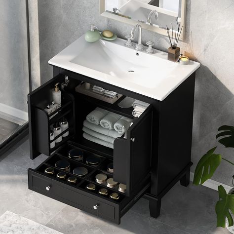 PRICES MAY VARY. [Elegant & Modern Bathroom Vanity]: Upgrade your room with this 30" bathroom vanity set. The stylish black color and simple line decoration add visual enjoyment to any space while also providing ample storage space. [Multi-Functional Bathroom Cabinet]: The bathroom vanity comes with built-in shelves and adjustable plate for easy storage of different bathroom supplies. The bottom drawer with compartments is more convenient for storing bottles and cans. [Sturdy and Durable Frame]: Wooden Bathroom Vanity, Wooden Bathroom Cabinets, Wood Bathroom Cabinets, 30 Inch Bathroom Vanity, Bathroom Sink Design, Functional Bathroom, 30 Bathroom Vanity, Bathroom Vanity With Sink, Vanity With Sink