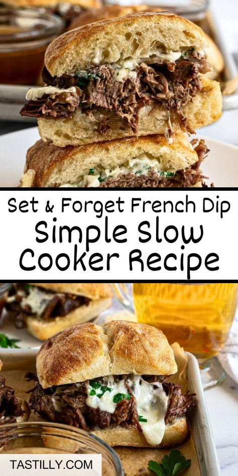 Using your slow cooker to make French Dip makes this recipe quick and effortless. The secret to making the best dipping au jus sauce is to use beer and French onion soup. The meat turns out incredibly tender and tasty. This recipe makes restaurant-quality French Dip! Au Jus Sauce, Jus Sauce, French Dip Recipes, French Dip Crock Pot, Slow Cooker Recipe, Crockpot Recipes Beef, French Dip, Crockpot Dishes, Easy Slow Cooker Recipes