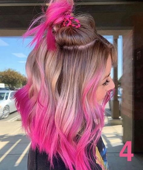 Balayage Purple Hair Blonde, Hot Pink And Blonde Hair Highlights, Hot Pink Roots Blonde Hair, Unique Vivid Hair, Vivid Color Money Piece, Bold Money Piece Hair Color, Blonde And Vivid Hair Color Ideas, Blonde Vivid Hair, Hair Color Ideas Vivid