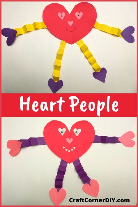 Art And Crafts For Kids Valentines Day, Heart People Craft Kids, Heart Person Craft, Prek Heart Craft, Crafts Using Construction Paper, Valentine’s Day Construction Paper Craft, Valentines Cut Out Crafts, Paper Heart Crafts For Kids, Preschool Crafts With Construction Paper