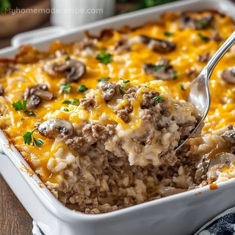 Comforting Beef and Rice Casserole Recipe - My Home Made Recipe Beef And Rice Bake, Rice A Roni Beef Recipes, Beefy Rice Casserole, Cheesy Beef And Rice Casserole, Rice And Hamburger Casserole, Cheesy Ground Beef And Rice Casserole, Hamburger Rice Recipes, Rice Beef Recipes, Rice And Beef Recipes