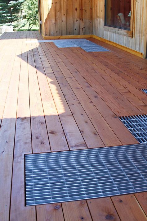 Exterior Porch Ideas, Drainage Grates, Deck Drain, Deck Grill, Wood Decking, Windsor House, Metal Deck, Lodge Look, Snow And Rain