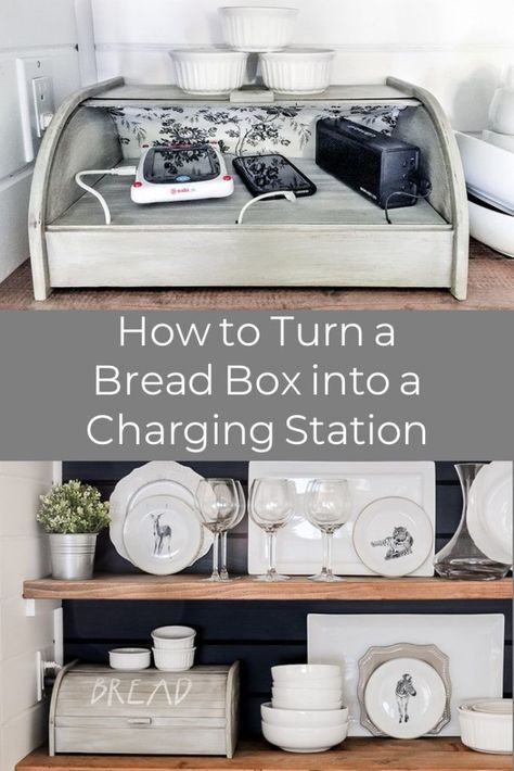 Bread Box Charging Station DIY Tutorial / Simple DIY tutorial for turning a bread box into a family charging station. Hidden phone and electronics cords create an organizer and can empty out your kitchen drawer. Simple ideas ban be the best projects! #diychargingstation #diyproject#organization #diyhomedecor Family Charging Station, Phone Charging Station, Organization Station, Trendy Diy, Charging Stations, Bread Boxes, Bread Box, Kitchen Drawer, Kitchen Diy