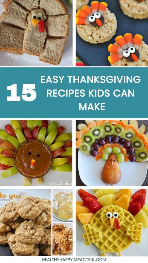 15 easy Thanksgiving recipes for kids, featuring turkey-themed snacks and treats made from fruit, bread, waffles, and cookies. Thanksgiving Food For Picky Kids, Fruit Cornucopia For Kids, Thanksgiving Party Snacks For Kids, Turkey Ideas For Kids, Thanksgiving Food Activities For Kids, Healthy Thanksgiving Snacks For Kids, Thanksgiving Snack Ideas For Kids, Kids Thanksgiving Appetizers, Easy Thanksgiving Recipes For Kids