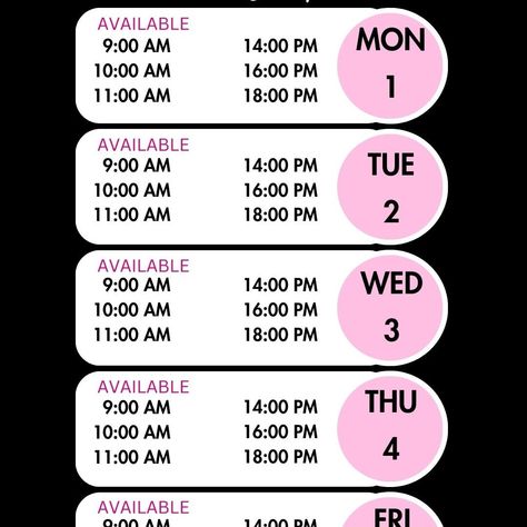 Acuity Scheduling Template, Weekly Availability Calendar for your Instagram Story or post. 🦋 Saves Time 😎 Boosts Sales 🩷 Looks Cute! Available Weekly Booking Time Slots very easy to edit in Cavna. Social Media Post Template for hair stylists, lash tech, nails tech, and anyone else in the beauty industry who needs a cute calendar for their IG story!🩷 https://7cf5d5-65.myshopify.com/products/copy-of-instagram-story-availability-calendar-nail-tech-booking-hairdresser-calendar-lash-tech-calen... Acuity Website Design, Tech Nails, Booking Calendar, Nails Tech, Scheduling Template, Posting Schedule, Canva Social Media, Cute Calendar, Wellness Industry