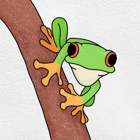 How to Draw a Tree Frog - HelloArtsy How To Make A Frog Drawing, Tree Frog Drawing, Tree Frog Drawing Easy, Green Tree Frog Drawing, Red Eyed Tree Frog Drawing, How To Draw Painting, Green Tree Frog Painting, Red Crayon, Black Crayon