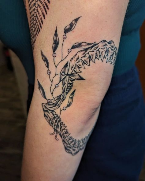 Added a fabulous skeletal mermaid to Erin's half sleeve, just in time to heal before the summer :) swipe to see the shark jaw we did a couple weeks ago (almost healed)! The other tattoos are by the lovely @emctattoos Mermaid Shark Tattoo, Shark Jaws Tattoo Knee, Skeletal Mermaid, Almost Healed, Shark Jaws Tattoo, Shark Jaw, Time To Heal, Shark Jaws, Shark Tattoo