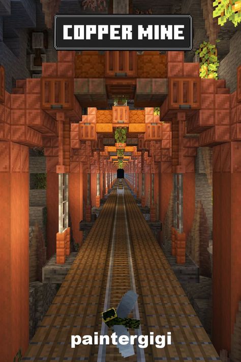 Minecraft Mine made with the new copper blocks Minecraft Mine Design Ideas, Minecraft Japanese Animal Pen, Copper Build Minecraft, Minecraft Mine Cart Station, Minecraft Nether Railway Ideas, Minecraft Distillery, Steampunk Minecraft Builds Easy, Railroad Minecraft Ideas, Minecraft Builds With Copper