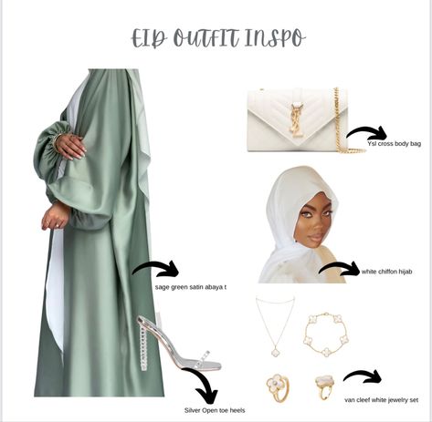 Sage Green Hijab, Sage Green Abaya, Sage Green Outfit, Green Abaya, Silver Open Toe Heels, Green Hijab, Satin Outfit, Eid Fashion, Eid Outfit