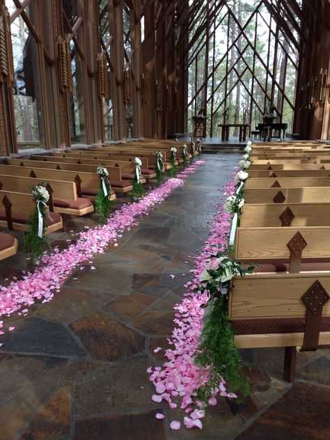 Garvan Woodland Gardens Wedding, Anthonys Chapel, Garvan Woodland Gardens, Anthony Chapel, Thorncrown Chapel, Pink Rose Petals, Woodland Gardens, Aisle Decorations, Barn Living