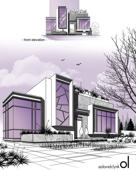 Building Rendering Architecture, Villa Sketch Architects, Exterior Sketch Architecture, Exterior Perspective Architecture, Elevation Ideas Architecture, Box Architecture Concept, Exterior Perspective Rendering, Hotel Design Architecture Concept, Exterior Perspective Drawing