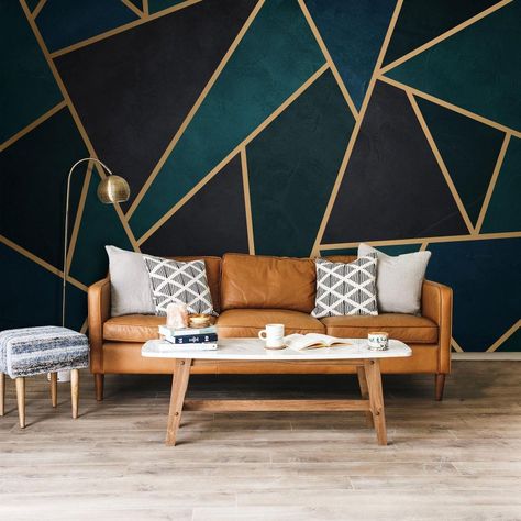 Geometric Wallpaper Black, Navy Blue Tile, Gold Accent Wall, Tapete Gold, Hiasan Bilik Tidur, Textures Murales, Dark Green Wallpaper, Mosaic Wallpaper, Luxury Tile