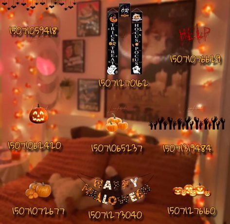 Bloxburg Halloween/fall decals Bloxburg Halloween Decals, Bloxburg Halloween, Winter House Exterior, Fall Decal, Bloxburg Decals Codes Aesthetic, Blocksburg Room Ideas￼, Free House Design, Bloxburg Decals Codes Wallpaper, House Decals