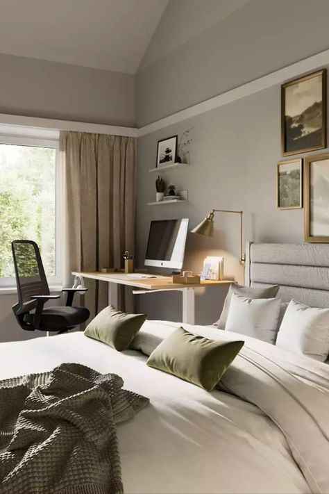 Neutral greens and a sleek modern design create this coastal bedroom/office combo. Guest Bedroom Office Combo, Living Room And Bedroom Combo, Bedroom Office Combo, Guest Room Office Combo, Spare Bedroom Office, Guest Bedroom Home Office, Office Guest Bedroom, Guest Bedroom/office, Home Office/guest Room