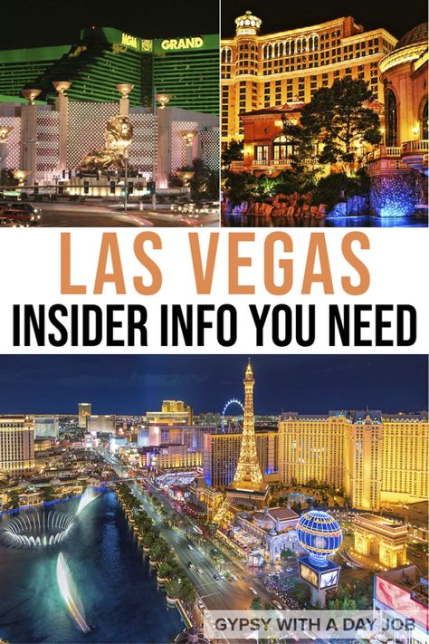 Four scenes from Las Vegas at night - The MGM Grand, green with yellow lighted letter; the gold light bathed curving Bellagio; the Bellagio fountains spraying, lit up from beneath; and the brightly lit Eiffel Tower and Paris Globe; all with a white banner reading:  Las Vegas, insider info you need. I Made Mistakes, Washington Dc Travel Guide, Toronto Travel Guide, Vancouver Travel Guide, Montreal Travel Guide, Las Vegas Travel Guide, Nashville Travel Guide, New Orleans Travel Guide, Chicago Travel Guide