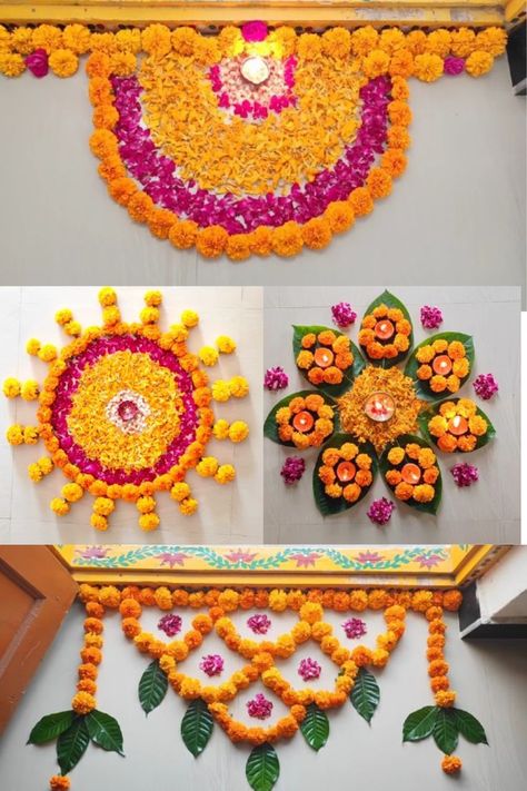 Easy Floral Rangoli Designs, Onam Rangoli Flower Easy, Flower And Color Rangoli, Ganesh Flower Rangoli, Corner Rangoli Designs With Flowers, Corner Flower Rangoli, Ganpati Rangoli Ideas, Welcome Rangoli With Flowers, Onam Rangoli Flower