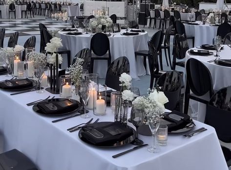 Engagement Lunch Decor, Black Simple Wedding Decor, White Silver And Black Wedding, Black Silver Wedding Color Schemes, Black Wedding Chairs Reception Ideas, White Silver Black Wedding, Black And White Ball Decorations, Grey Quinceanera Theme, Black White Silver Wedding Theme