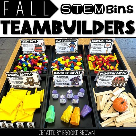 Fall STEM Bins Team Builders for Halloween and Thanksgiving K-5th Grade by Brooke Brown - Teach Outside the Box November Activities For 3rd Grade, October Team Building Activities, Stem Bins 3rd Grade, Stem Bins 4th Grade, Storybook Stem, Fall Stem Activities, Fall Classroom Activities, Stem Bins, Brooke Brown