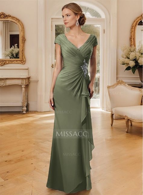 Sheath/Column V-Neck Floor-Length Chiffon Mother Of The Bride Dress With Appliques Lace Mother Of The Bride Dresses Sage Green, Olive Green Dress Outfit Wedding, Dress For Mom Of The Bride, Mom Of The Bride Dress, Modern Mother Of The Bride Dresses, Elegant Silk Dresses, Mother Of The Bride Suits, Boho Mother, Chiffon Lace Dress