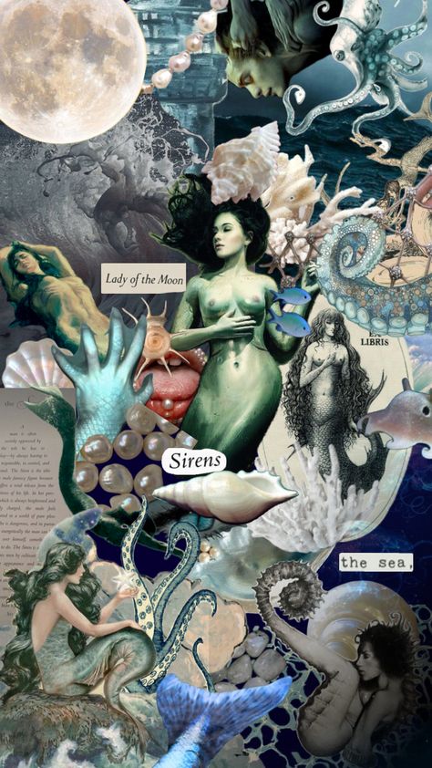 #mermaid #siren #sea #moon #dark #vintage #nature #art #quotes Siren Wallpaper, Mermaid Moon, Moon Dark, Mermaid Siren, Dark Vintage, Sea Witch, Ocean Vibes, Vintage Nature, Art Collage Wall