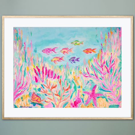 Neon Reef 🪸🐠 Giclée Fine Art Print Reproduction of Original Oil Painting by Aren Dummer Available in sizes: * 9 x 12  * 12 x 16 * 15 x 20 * 18 x 24  * 21 x 28  * 24 x 32 * 27 x 36  * 30 x 40  ️ Printed on archival paper with archival inks. Giclée prints are the most sophisticated method of print production. They are museum quality, made with the finest materials, designed to last 100 years and longer  🐚 Custom orders are available upon request for custom sizes  Listing is for print only, mat Lily Pulitzer Painting, Coral Reef Art, Aquatic Art, Bright Colors Art, Painting Whimsical, Tropical Ocean, Coastal Painting, Beach Island, Tropical Art