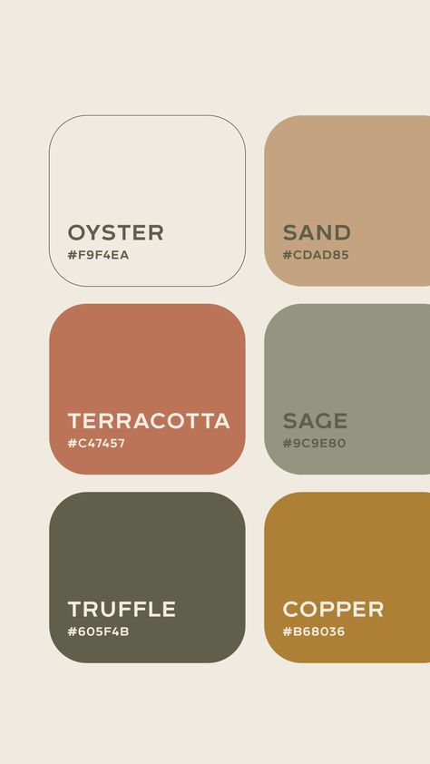 Warm Organic Color Palette for Mushroom & Wellness Brand by Perspektiiv Design Co. (Brand inspiration, brand inspo, color palette, color palette inspiration, warm organic color, brand color inspo, terracotta color palette, sage color palette, wellness branding, mushroom brand, graphic designer, brand studio, brand identity, pnw design studio, portland branding) Raisin Color Palette, Cotton Color Palette, Wellness Brand Colour Palette, Mustard Pallete Color, Colours That Go With Cream, Terracotta Sage Color Palette, Colour Palette Terracotta, Industrial Color Pallete, Boho Modern Color Palette