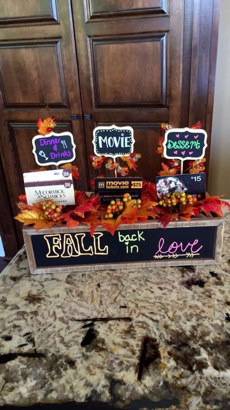 Fall date night gift basket!!                                                                                                                                                                                 More Date Night Silent Auction Basket, Gift Basket Ideas For Date Night, Date Night Out Gift Basket, Date Night Fundraiser Basket, Date Night Auction Basket, Date Night Gift Card Basket, Fall Gift Card Basket Ideas, Date Night Gift Card Ideas, Date Night Themed Gift Baskets