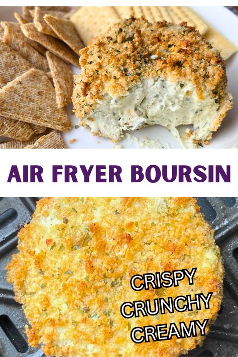 I've taken one of my favorite charcuterie board cheeses; creamy boursin and breaded it and crisped it up in the air fryer. This is a great Thanksgiving appetizer. Can be used as part of a cheese board or just serve with some crackers or slices of french bread. Crispy, crunchy and smooth and creamy. The perfect holiday appetizer and it comes together in minutes! Breaded Boursin Cheese, Boursin Cheese Panko, What To Make With Boursin Cheese, Boursin Air Fryer, How To Serve Boursin Cheese, Crispy Boursin Cheese, Air Fried Boursin Cheese, Air Fryer Boursin, Boursin Cheese Charcuterie