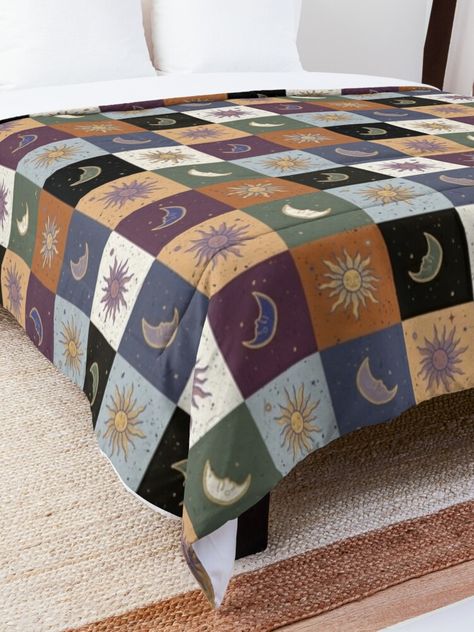 "Celestial patchwork sun and moon 90's" Comforter for Sale by bronte2004 Celestial Bedding Set, 90s Celestial Bedroom, Whimsigoth Bedspread, 90s Sun And Moon, Room Customization, Celestial Bedroom, 90s Celestial, Silk Bed, Silk Bedding