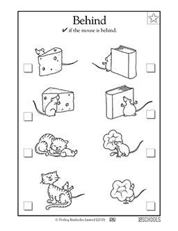 Is the mouse in front or behind? In this coloring math worksheet, your child will identify whether or not a mouse is behind other objects. 1st Grade Reading Worksheets, Preposition Worksheets, Kindergarten Worksheets Free Printables, Spatial Concepts, Preschool Reading, Preschool Math Worksheets, Printable Preschool Worksheets, Kindergarten Worksheets Printable, Speech Activities