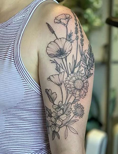 Flower Tattoo Designs Half Sleeve, Types Of Floral Tattoos, Lily And Wildflower Tattoo, What Goes With Flower Tattoos, Quarter Sleeve Flower Tattoo, Fine Line Floral Tattoo Upper Arm, Vintage Flower Tattoo Sleeve, Old Fashion Flower Tattoo, Large Wildflower Tattoo