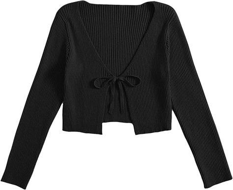 Floerns Women's Tie Front Long Sleeve Rib Knit Cardigan Crop Top Black M Western Outfits Men, Shein Sweater, Shrug For Dresses, Knit Shrug, Cardigan Crop Top, Rib Knit Cardigan, Cardigan Crop, Women's Tie, Tie Front Cardigan