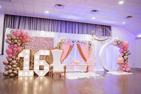 Best Wedding Center - Rosario Star | Event Planner North Bergen, NJ Quinceanera Lounge Area, Backdrop For Sweet 16, Sweet 16 Birthday Backdrop, Sweet 16 Event Ideas, Pink Sweet 16 Backdrop, Sweet 16 Hall Decorations, Sweet 15 Theme Ideas, Light Pink Centerpieces Quince, Sweet 16 Stage Decor